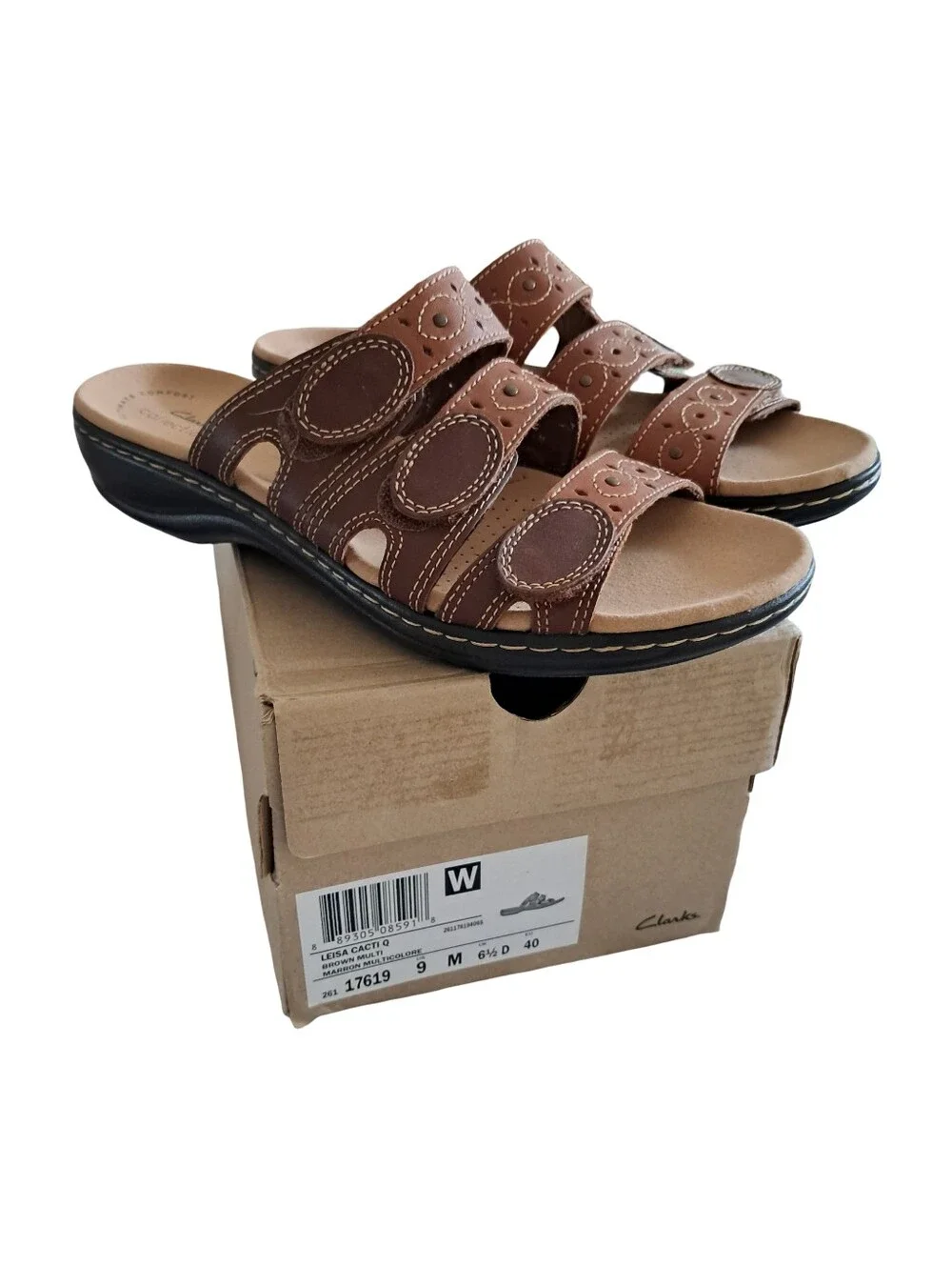 Clarks Leisa Cacti Q Leather Adjustable Slip Ons Sandals Size 9 M Brown Multi